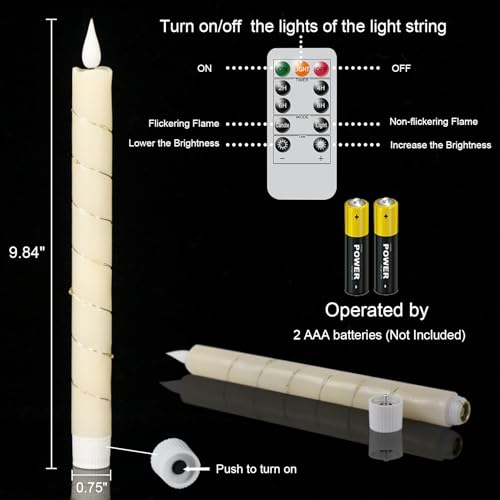 Image of GenSwin Flameless Taper Candles with Remote and String Lights, Ivory Real Wax Taper Candles Battery Operated, LED Flameless Battery Candlesticks for Home Holiday Decor(Set of 6)