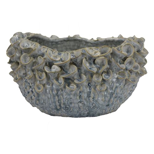 Benjara Nina Decorative Bowl, Light Blue, Textured Floral Gray Ceramic 13 Inch