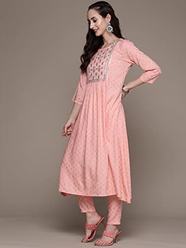 Image of anubhutee Women's Rayon Peach Gota Patti work Floral Embroidered A-Line Kurta Suit Set with Pants