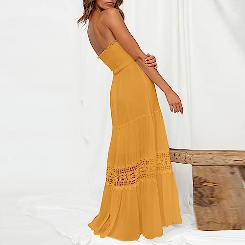 BBIQI Vestido maxi feminino tomara que caia, tomara que caia, com acabamento em renda, cintura elást