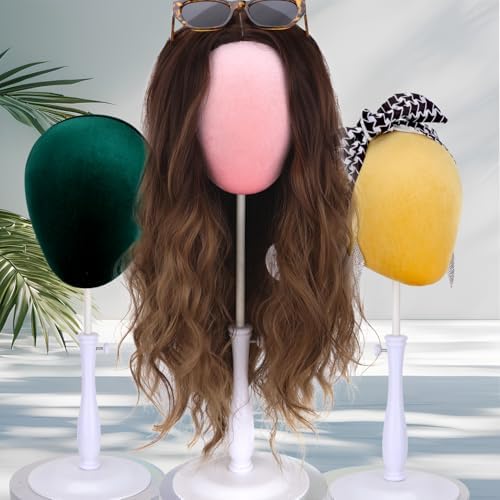 Velvet Wig Head Stand for Hat and Wig Display, Adjustable Mannequin Head Stand with Retractable Metal Base for Styling and Display (Velvet pink)