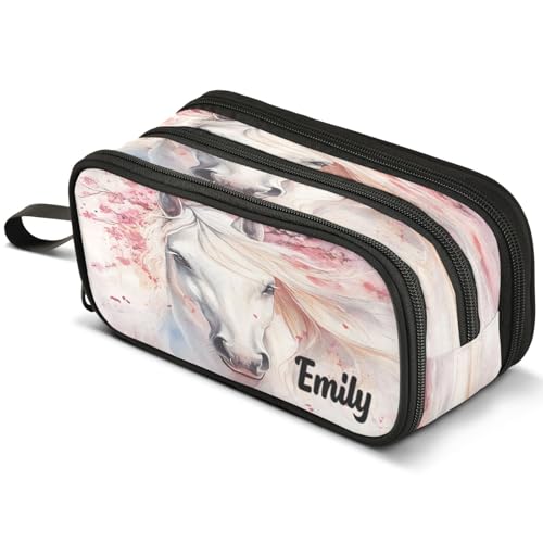 Image of ALAZA Custom Large Pencil Case with Name White Horse Cherry Blossom, Pen Pouch Pencil Bag with 3 Compartments Pen Holder Organizer Stationery Bag