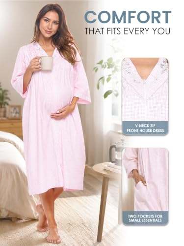 Image of Casual Nights Women's Zip Front Woven House Dress | 3 /4 Sleeves Housecoat Long Duster Lounger