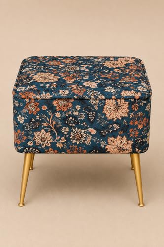 Image of Velvet Accent Chair with Pouffe & Floral Cushion | Modern Upholstered Armchair with Gold Metal Legs | Comfortable Lounge Chair for Living Room, Bedroom, Office (Pink Floral)