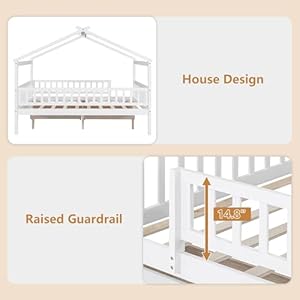 Full Size Bed Frame for Kids, Wood House Bed with 2 Drawers, Montessori Platform Bed with Roof and Fence for Boys Girls, White, 79.5''L x 57''W x 62.9''H Full Size Bed Frame for Kids Wood House Bed with 2 Drawers Montessori Platform Bed with Roof and Fence for Boys Girls White 795L x 57W x 629H
