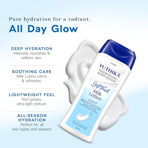 Image of Yuthika Naturals Body Milk Soft Touch 300ml Body Lotion for Women & Men | 72Hr Hydration | for Dry to Very Dry Skin | Enriched with Body Milk | Non Greasy & Healthy Looking Skin