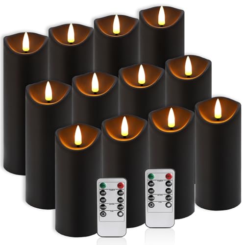 Grcdoyvl 12-Pack Black Flameless LED Candles with Remote & Timer (3 Sizes) - Battery Operated Halloween Pillar Candles for Spooky Decor, Haunted House, Gothic Wedding, Holiday Centerpieces