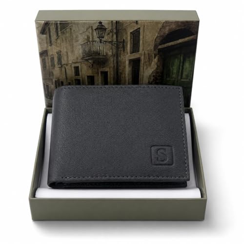 Image of SOVANO Genuine Leather Wallets for Man Original Bi Fold Slim Mens Wallets Design with RFID Protection ID Window Easy Access 6 Card Slots 2 Hidden Pockets Compact Gift for Men (Gray)