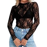 Elesomo Mesh Tops for Womens Casual Long Sleeve Shirts Lace Sheer Fall Tee Shirts, Black M