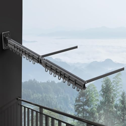 Wall Mounted Clothes Drying Rack, Foldable 180° Swivel Laundry Hanger, Space-Saving Bi-Fold Design with Windproof Hooks & Hidden Towel Rail, Strong Load-Bearing, Matte B