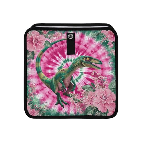 Image of Car Trash Can Organizer Bin with Adjustable Strap for Back Front Seat Console Waterproof Leakproof Collapsible Portable 8.66 Inch Tie Dye Dinosaur Pink Green