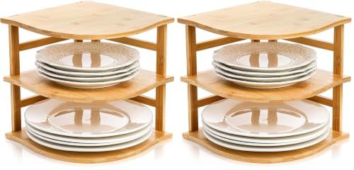 Image of Goaste 3-Tier Bamboo Corner Shelf, Kitchen Countertop Storage Organizer, Cabinet Plate Rack for Pantry Organization, Bathroom, Desktop, 9.5 x 9.5 x 9.5 Inch (Pack of 2)