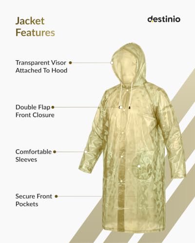 Image of Destinio Poncho for Men, Poncho for Women-Thick Waterproof PVC, Rain Coat, Reusable - Transparent Pocket Raincoat with Hood, Full Cover for Bag in Travel, Trekking, Bike Riders