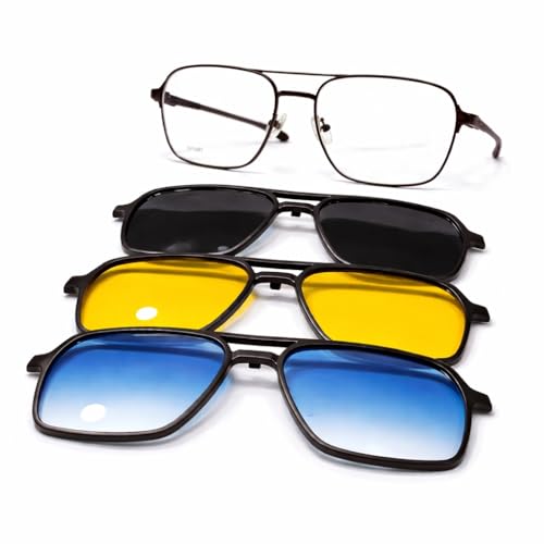 Image of Premium Tinted Eyeglasses with Magnetic Clip-On Sunglasses, 4-in-1, Matte Black Frame, Black Yellow Blue Lenses