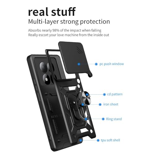 Image of Casodon Heavy Duty Back Case Cover for Redmi Note 15 Pro Plus 5G, Shockproof Redmi Note 15 Pro Plus Back Cover, Ring Case with Kickstand and Camera Protection Shutter - Black