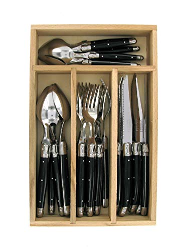 Laguiole-Andre-Verdier-Debutant-24-Piece-Flatware-Set-Steak-Knives-Forks-Soup-Spoons-Teaspoons-Black-Made-In-France