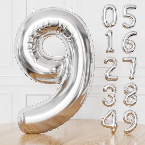 Adeyoo Silver Number 9 Balloon, 40 Inch Foil Number Balloon Giant 9 Balloon