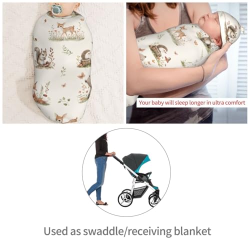 Image of Cute Cartoon Animal and Botanical Print Swaddle Blanket with Beanie Hat Set Newborn Swaddle Wrap Soft Baby Receiving Blankets Baby Swaddle Blanket for Baby Boys and Girls