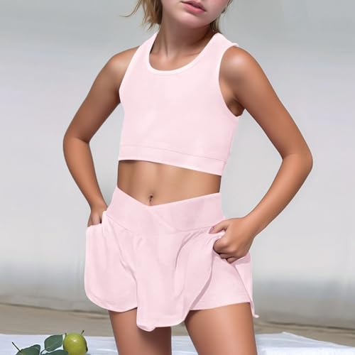 Kids Tennis Dress,Toddler Girl Athletic Dress Cheer Skirts Graduation Outfits 2 Piece Workout Outfits Crop Tank Tops And Skort Skirt Set Light Pink Small3