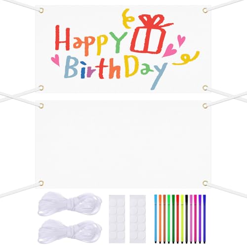 XSHAO® Lot de 2 grandes bannières vides à personnaliser soi-même - 200 x 100 cm - Blanches - Avec 6 m de corde suspendue et 12 stylos textiles de différentes couleurs - Pour anniversaire, bricolage
