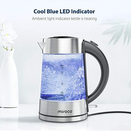 Miroco Glas Wasserkocher, Wasserkocher 1.7 Liter Edelstahl Glaswasserkocher mit Filterauslauf, Glaswasserkocher mit LED-Innenbeleuchtung Trockenlaufschutz Warmhaltefunktion, BPA-Frei- 2200W - 3