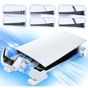 PS5/Slim/Pro Horizontal Stand with Cooling Fan & Charger for Original & Edge Controllers, Scalable Design PS5 Accessories Base with EVA Foams for All PS Five Disc & Digital, PS 5 Sideways Stand White