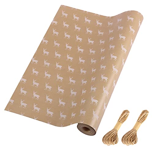 Rouleau de papier cadeau de Noël, motif élan blanc, 43 cm x 15 m, rouleau de papier kraft marron, idéal pour l'emballage de cadeaux de Noël, mariage, anniversaire, vacances, fête prénatale (élan) Cover