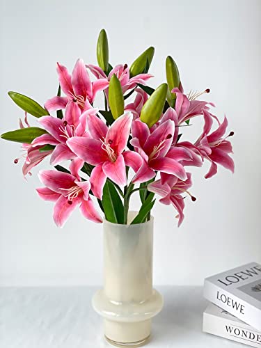 Yalzone 2 Pcs 28’’ Deep Pink Artificial Lily Flowers Fake Real Touch 3 Heads Buds Faux For Indoor Home Decor Outdoor Wedding Bouquet Decoration Table Centerpiece (W045) #TOP6