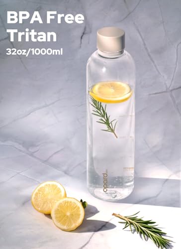 Image of Opard Slim Water Bottle 32oz, Dishwasher Safe Plastic Water Bottle BPA-Free, Leakproof Screw Top, Clear Cream, Reusable for Travel School Sport Gym Hiking