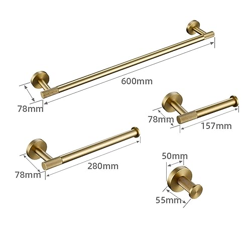 Brushed Gold Bathroom Accessories Set - Towel Bar Robe Hook Paper Holder Towel Ring Toilet Brush Kit - Stylish Knurled Brass Decor for Elegant Home - Image 2
