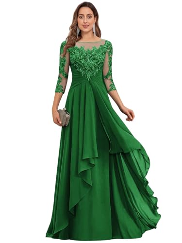 3/4 Sleeves Mother of The Bride Dresses for Women Lace Appliques Chiffon Formal Wedding Guest Dresses Ruched