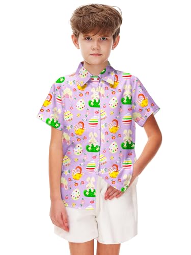 Image of Remimi Unisex Kids 4th of July Button Up Shirt Boys American Flag Print Hawaiian Beach Short Sleeve Tops 5-14 Years