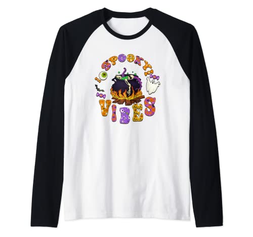 Spooky Vibes Halloween Caldero de brujas fantasma murciélagos disfraz para niños Camiseta Manga Raglan