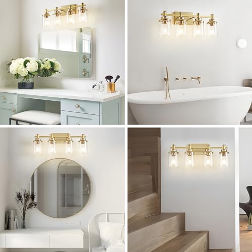 Aixialin 4 Light Brushed Brass Vanity Light Over Mirror, Gold Bathroom Fixtures, Vintage Wall Sconce With Clear Glass Shade, Brushed Gold Lights for Bathroom by Aixialin - Used condition - Image 7