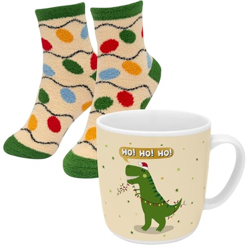 GRUSS & CO Tasse-Socken-Set Motiv Dino | Geschenkset mit 1 Tasse und 1 Paar Socken, Größe 36-40, in Geschenkbox | Geschenk Winter, 51158