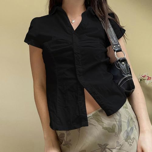 Image of Y2k Girls Vintage Coquette Button Down Shirt Women Short Sleeve V-Neck Slim Fitted T-Shirt Cute Blouse Crop Top