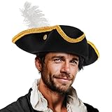 Cossoul Tricorn Pirate Hat with Feather Black Colonial Hat for Women Men Halloween Costume (Black)