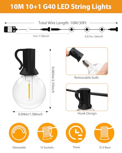 btfarm Outdoor Garden Festoon Lights Timer Dimmable 10M/30FT, Waterproof String Lights Mains Powered with 10+1 LED Shatterproof G40 Bulbs, Electric Outside Lights for Patio Gazebo Yard Wedding Party 6 btfarm Outdoor Garden Festoon Lights Timer Dimmable 10M/30FT, Waterproof String Lights Mains Powered with 10+1 LED Shatterproof G40 Bulbs, Electric Outside Lights for Patio Gazebo Yard Wedding Party - Image 6