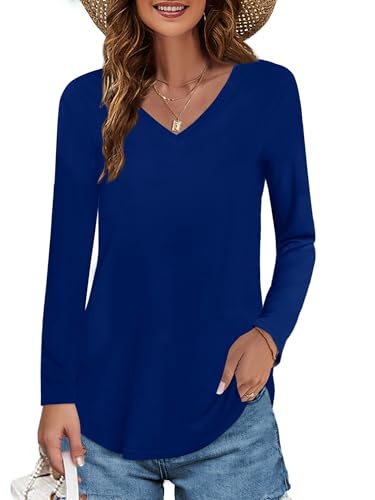 Image of Elesomo Womens T Shirts V Neck Summer Short /Long Sleeve Cotton Tops Tees
