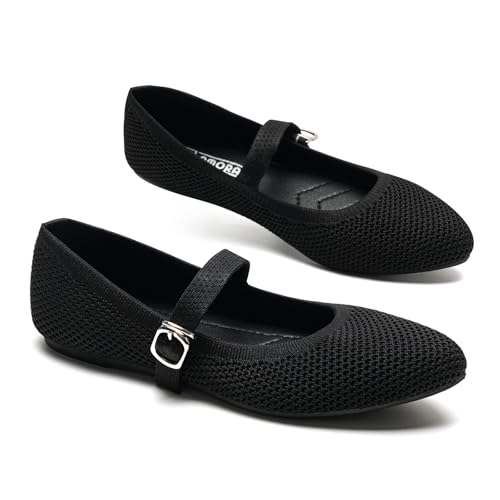 Imagen de GLAMORA Bailarinas Mujer Merceditas Punto Correa Hebilla Cierre Rápido Zapatos Planos Cómodos Plantilla Acolchada Tejido Transpirable Verano Ligero Diario Ajustable black-39