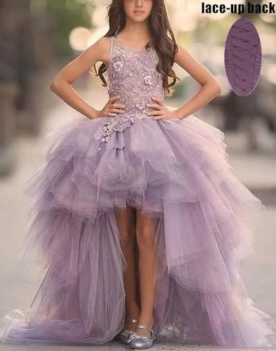 High Low Pageant Dresses Tiered Tulle Lace Applique Flower Girl Dresses for Wedding Ruffles First Communion Dress2