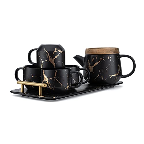 Taimei Teatime Modern Tea Set, Black Ceramic Tea Set with 1 Teapot with Infuser (25 oz), 4 Tea Cups, 1 Serving Tray; Tea Set for Adult with Marble Design, Tea Set Gift for Tea Lover, Woman, and Family