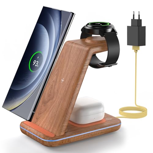 JoyGeek Cargador Inalámbrico para Samsung, Estacion de Carga 3 en 1 para Samsung S25/S24/S23/S22/ZFlip/Fold, Base Carga para Galaxy Watch Ultra/8/7/6/5/4/3, Carregador sem fios para Galaxy Buds Bambú