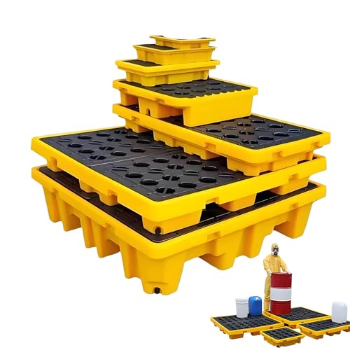 Plateforme de rétention modulaire anti-fuite pour fûts d'huile, avec bac de drainage intégré, idéale pour les entrepôts et les usines. Cette plateforme de stockage industrielle de 130 × 68 ×