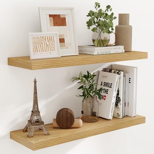 9.3 Inch Deep Floating Shelves, Oak Floating Shelf 35.4' x 9.3', Rustic Wood Wall Shelves 35.4 Inch Long, Large Wall Shelves for Book, Living Room, Bedroom, 35.4'W x 9.3'D x 1.5'H, Oak Color, Set of 2