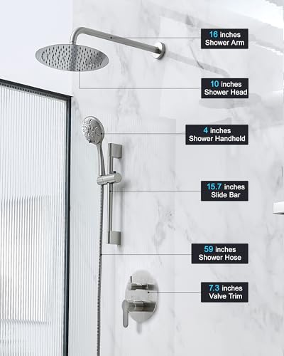 Sistema de ducha Fapully de pared con cabezal redondo de 10 pulgadas, conjunto completo con ducha de mano de 6 sprays y barra corrediza, incluye válvula y kit de recorte, acabado níquel cepillado miniatura 2