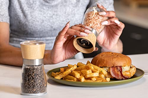 Wood Salt And Pepper Grinder Set With Holder, Manual Sea Salt, Peppercorn And Spice Mill, Glass Container, Adjustable Coarseness And Refillable #TOP6