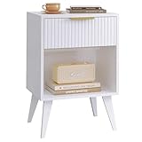 YAUKOMEL Fluted Night Stand with Opening Storage,Mid Century Bedside Table with Drawer,Modern Nightstand with Solid Wood Legs,End Table Side Table for Living Room,Bedroom,White CTG56W