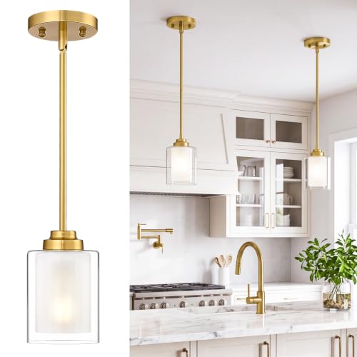 TENGXIN Brushed Gold Pendant Lights Kitchen Island, Dual Glass Shade