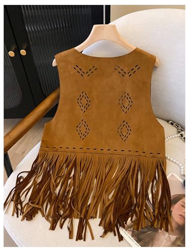 GORGLITTER Women's Fringe Vest Western 70s Hippie Sleeveless Hollow Out Suede Vest Tassel Cowgirl Concert Outfits2
